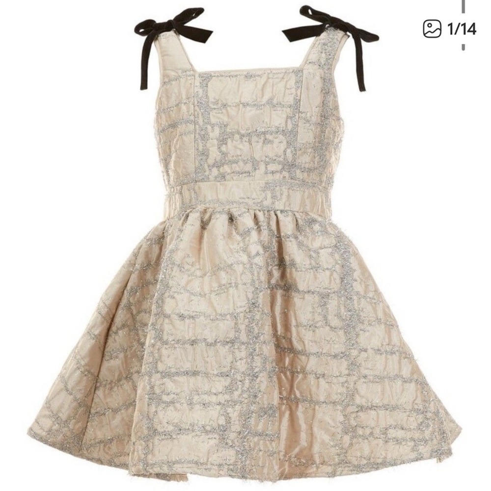 Charming Cream and Silver Kids Dress with Bow Accents